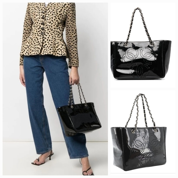 Chanel Triple CC Black Patent Leather Chain Link Perforated Shoulder Bag - Picture 1 of 10